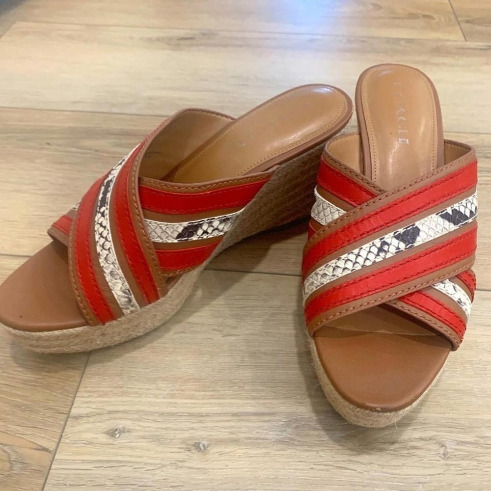 Coach Leather Espadrille‎ Wedge Sandals Orange & Snakeskin Size 9